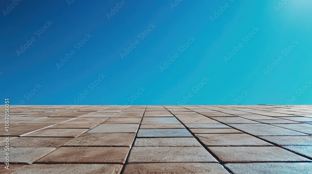Perspective view of a textured stone wall against a clear blue sky. Perspective view of a textured stone wall against a clear blue sky.