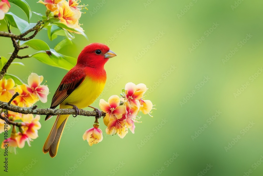 Vibrant Red and Yellow Bird Perched on the Branch in Nature Vibrant Red and Yellow Bird Perched on the Branch in Nature