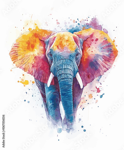 Rainbow-hued watercolor elephant with abstract splashes, capturing the majestic essence of wildlife in artistic form.