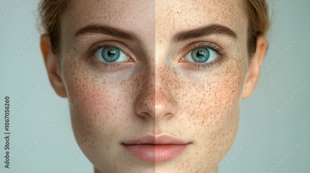 Fototapeta premium A striking comparison of skin texture highlighting natural beauty and makeup effects during a studio photo shoot
