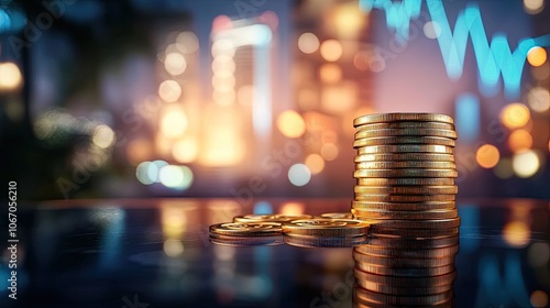 Stack of coins with a blurred city backdrop depicting financial growth. photo