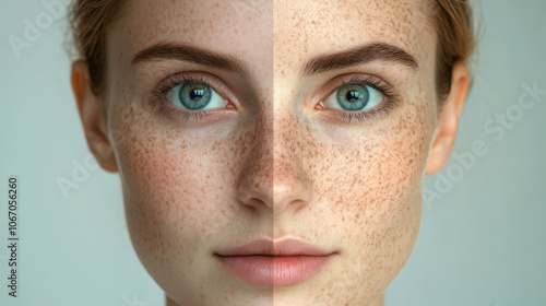 A striking comparison of skin texture highlighting natural beauty and makeup effects during a studio photo shoot