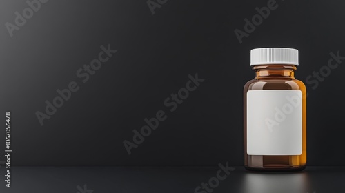 Amber glass medicine bottle with a white cap on a reflective black background, strong highlights emphasizing the bottle smooth glass surface and shape, Photorealistic