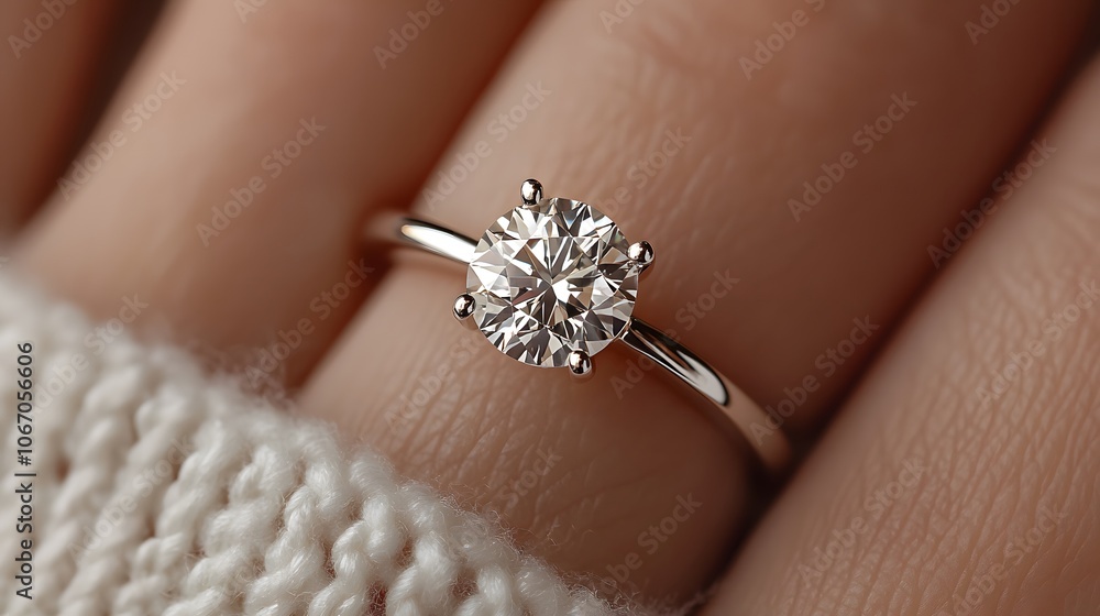 Classic solitaire diamond engagement ring on a finger, featuring a white gold band and round brilliant cut diamond, set against a soft knit sweater with a delicate sparkle effect. Classic solitaire diamond engagement ring on a finger, featuring a white gold band and round brilliant cut diamond, set against a soft knit sweater with a delicate sparkle effect.