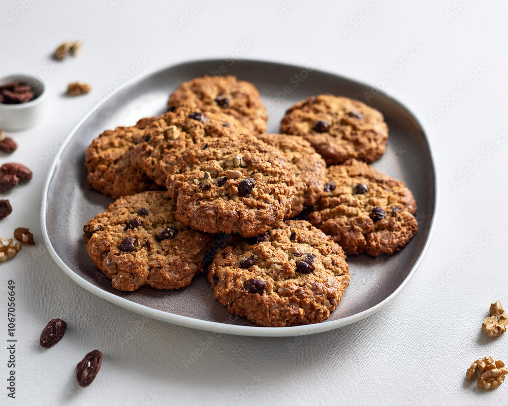 A pile of vegan oatmeal cookies with chocolate chips and walnuts, featuring a clean white backdrop, ai. A pile of vegan oatmeal cookies with chocolate chips and walnuts, featuring a clean white backdrop, ai.