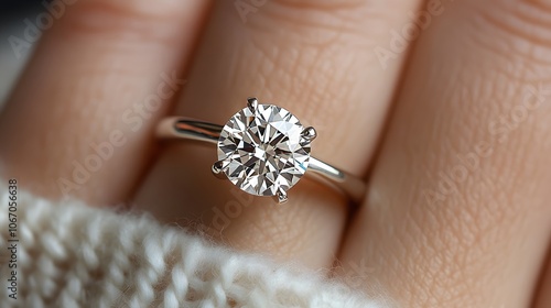 Classic solitaire diamond engagement ring on a finger, featuring a white gold band and round brilliant cut diamond, set against a soft knit sweater with a delicate sparkle effect.