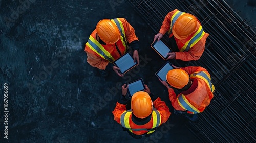 Workers collaborating on a construction site using tablets and safety gear. photo