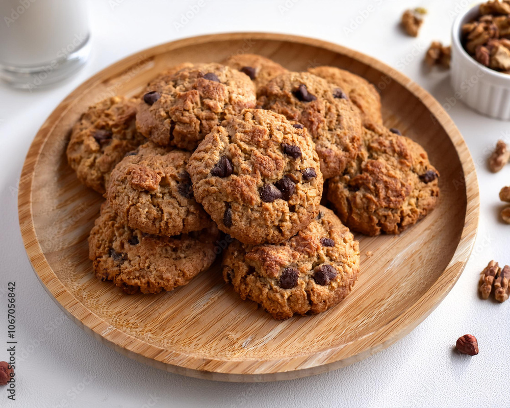 A pile of vegan oatmeal cookies with chocolate chips and walnuts, featuring a clean white backdrop, ai. A pile of vegan oatmeal cookies with chocolate chips and walnuts, featuring a clean white backdrop, ai.