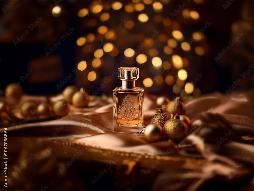 A glass bottle of perfume sits on a golden silk fabric, surrounded by gold ornaments with a warm, glittering bokeh background. A glass bottle of perfume sits on a golden silk fabric, surrounded by gold ornaments with a warm, glittering bokeh background.