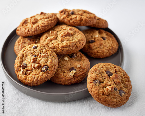 A pile of vegan oatmeal cookies with chocolate chips and walnuts, featuring a clean white backdrop, ai.