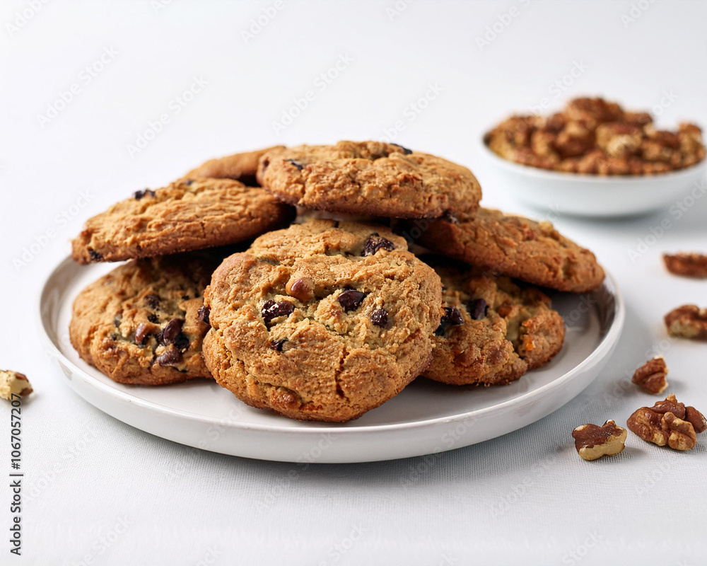 A pile of vegan oatmeal cookies with chocolate chips and walnuts, featuring a clean white backdrop, ai. A pile of vegan oatmeal cookies with chocolate chips and walnuts, featuring a clean white backdrop, ai.