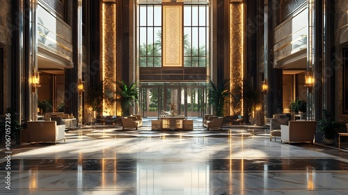 A Super Realistic 3D Hotel Lobby with Elegant Decor and Grand Design