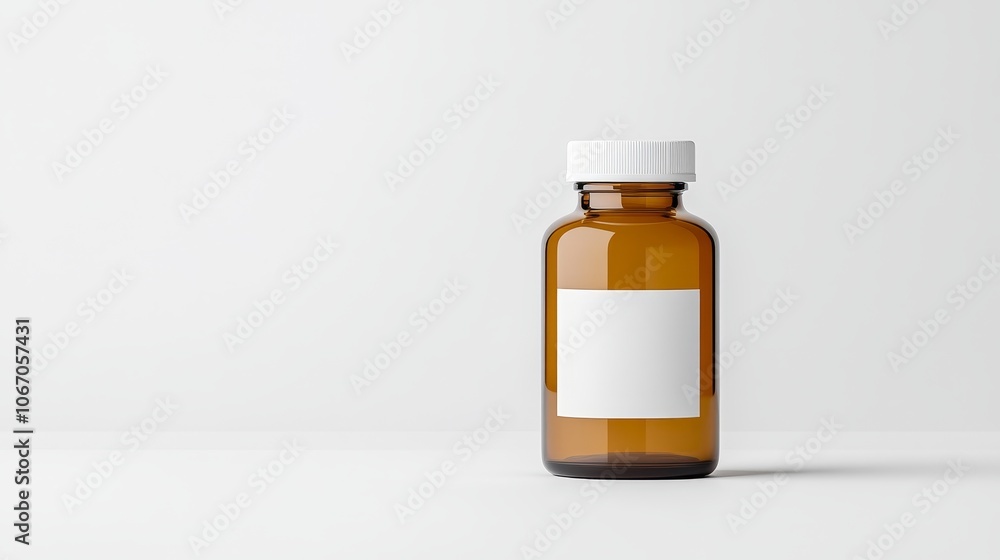 Close-up of an amber glass medicine bottle with a white safety cap, positioned on a clean white background, showcasing a clear prescription label with dosage instructions and expiration date Close-up of an amber glass medicine bottle with a white safety cap, positioned on a clean white background, showcasing a clear prescription label with dosage instructions and expiration date
