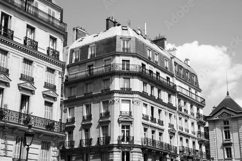 Paris architecture street view. Black and white retro style photo.