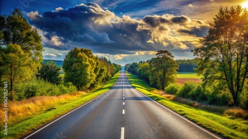 Road stretching into the distance, flanked by lush trees under a dramatic sky. Perfect for travel and adventure themes.