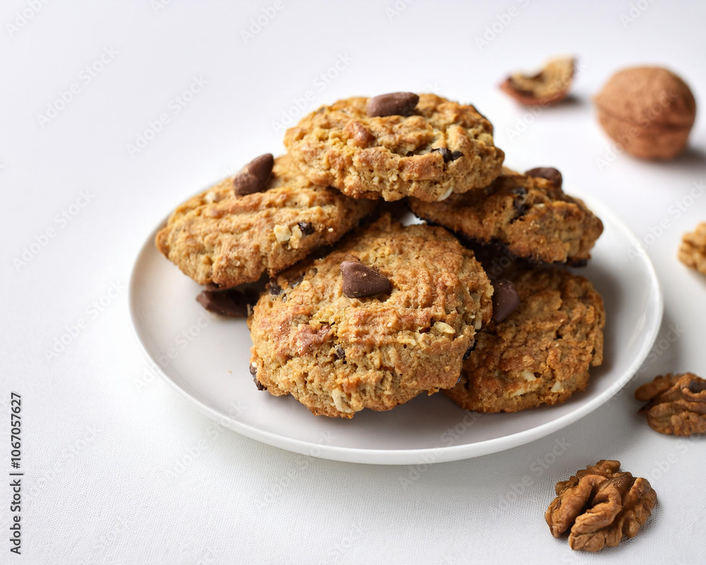 A stack of freshly baked vegan oatmeal cookies with nuts and raisins on a white background, ai. A stack of freshly baked vegan oatmeal cookies with nuts and raisins on a white background, ai.