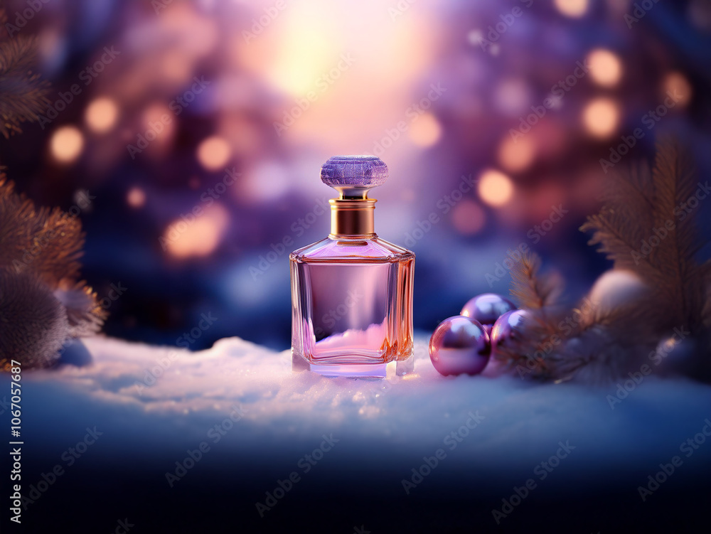 A glass perfume bottle sits on a bed of snow surrounded by Christmas decorations. A glass perfume bottle sits on a bed of snow surrounded by Christmas decorations.