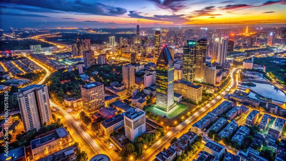 Fototapeta premium Aerial cityscape view at sunset, showcasing vibrant lights, skyscrapers, and busy streets, capturing the essence of urban life.