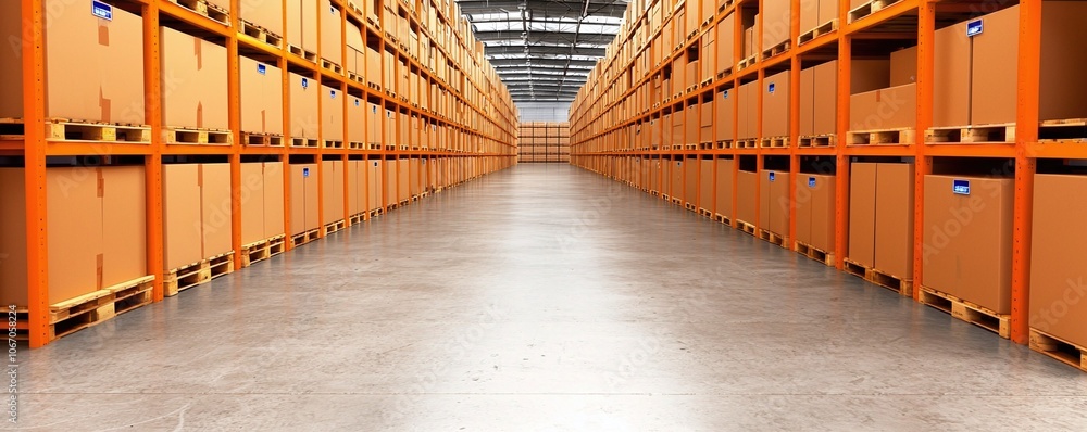 Fototapeta premium Outbound logistics concept. A spacious warehouse interior featuring neatly stacked cardboard boxes on shelves, with a clean concrete floor and bright overhead lighting.