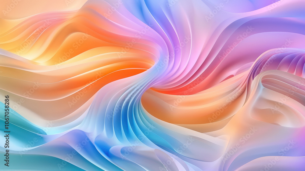 Fototapeta premium Soft wavy lines create abstract background in pastel colors, blending shades of orange, pink, and blue. This serene design evokes sense of calm and fluidity