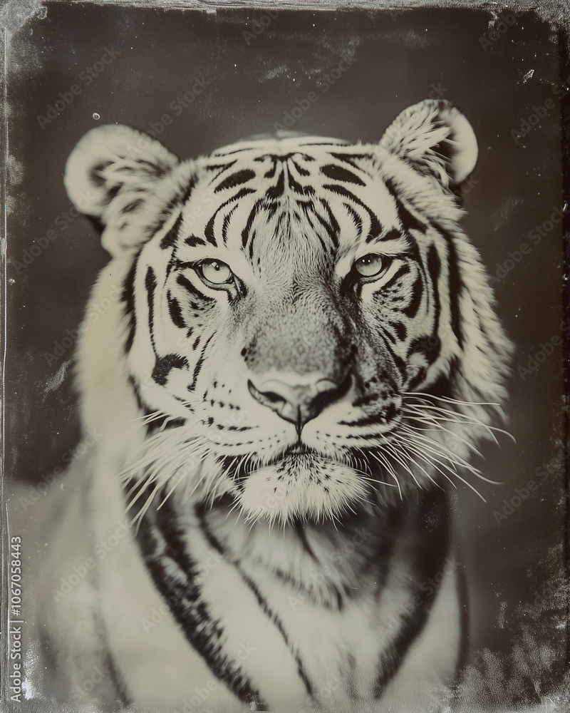 Old fashioned portrait of a tiger in black and white. Tintype style photograph.
