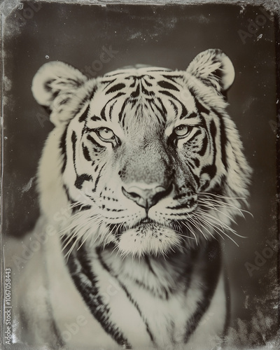 Obraz na płótnie Old fashioned portrait of a tiger in black and white. Tintype style photograph. w salonie