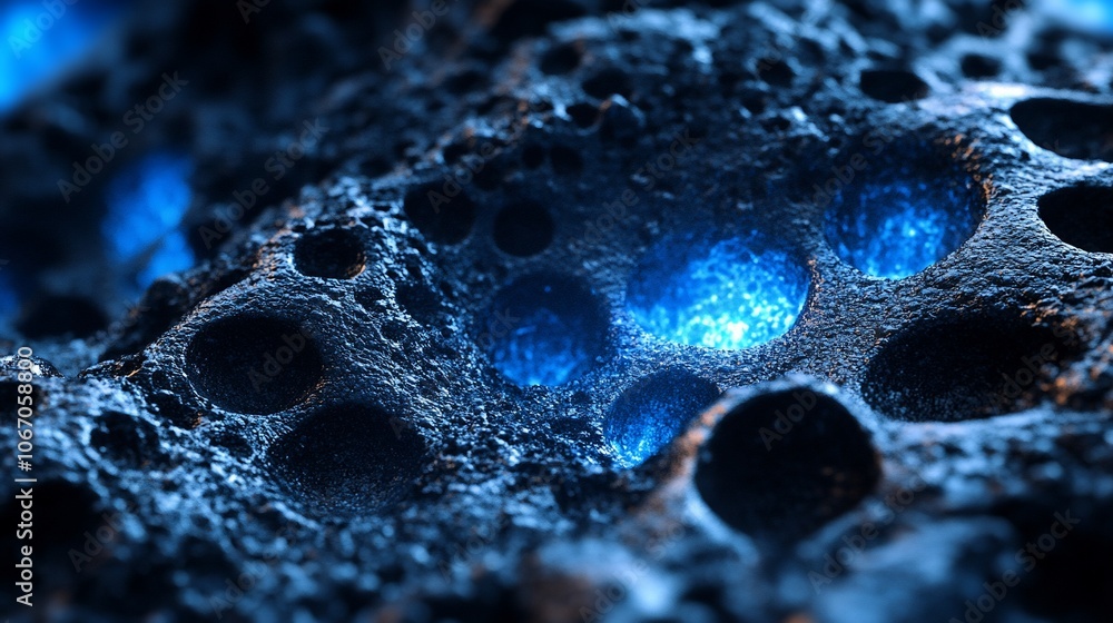 A close-up view of a dark, textured surface with blue glowing orbs emanating from within the craters. A close-up view of a dark, textured surface with blue glowing orbs emanating from within the craters.