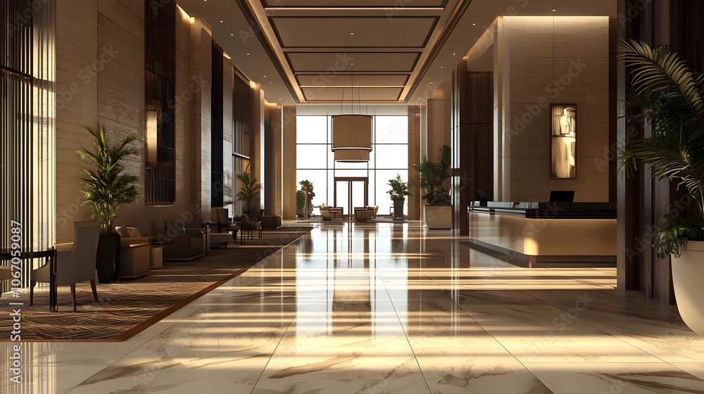 A Super Realistic 3D Hotel Lobby with Sleek Lines and Elegant Decor A Super Realistic 3D Hotel Lobby with Sleek Lines and Elegant Decor