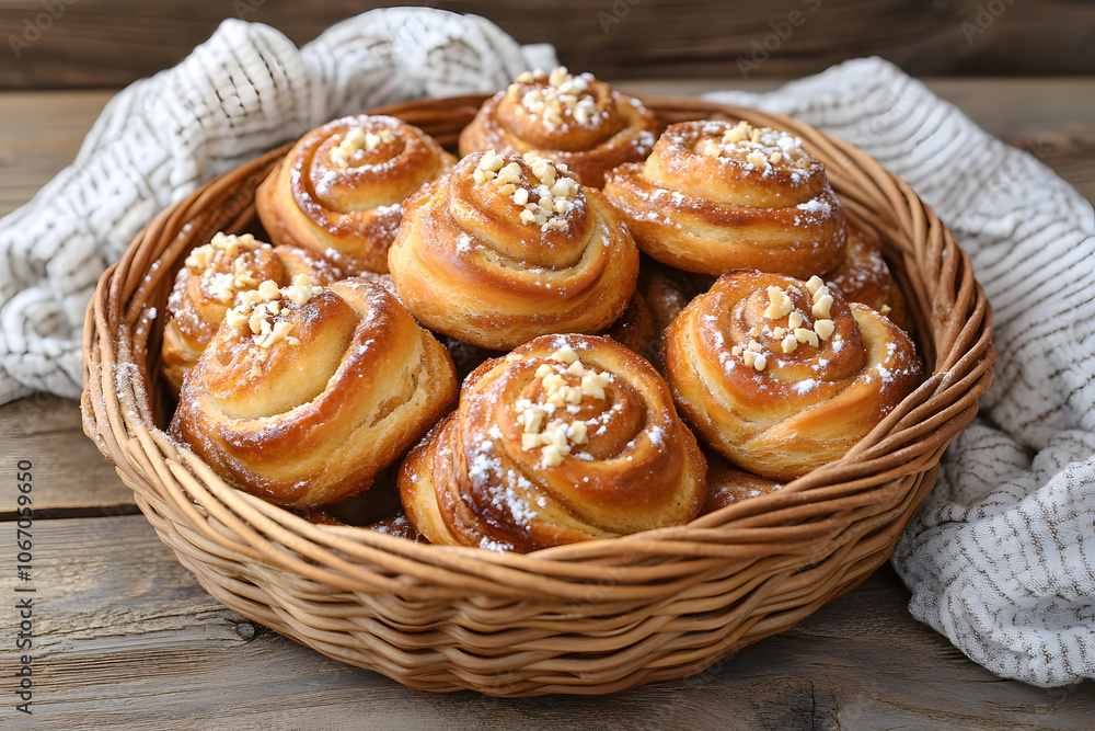 Freshly Baked Cinnamon Buns in a Rustic Woven Basket with a Cozy Cloth Freshly Baked Cinnamon Buns in a Rustic Woven Basket with a Cozy Cloth
