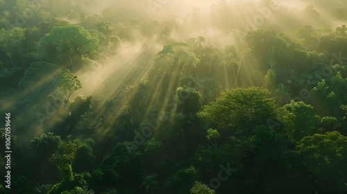 The sun is shining through the trees, casting a warm glow on the forest floor