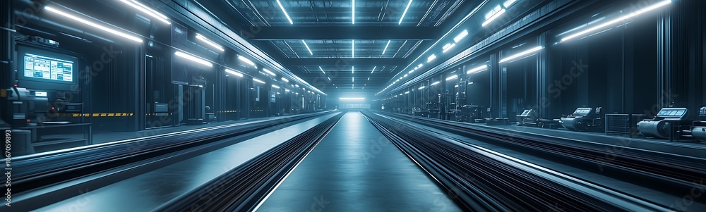 Obraz premium A sleek, futuristic warehouse illuminated by neon lights, featuring long conveyor belts and a high-tech atmosphere.