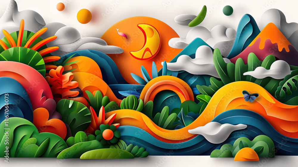 Vibrant and colorful abstract landscape featuring waves, mountains, and lush foliage, evoking sense of joy and creativity. design showcases playful interaction of shapes and colors Vibrant and colorful abstract landscape featuring waves, mountains, and lush foliage, evoking sense of joy and creativity. design showcases playful interaction of shapes and colors