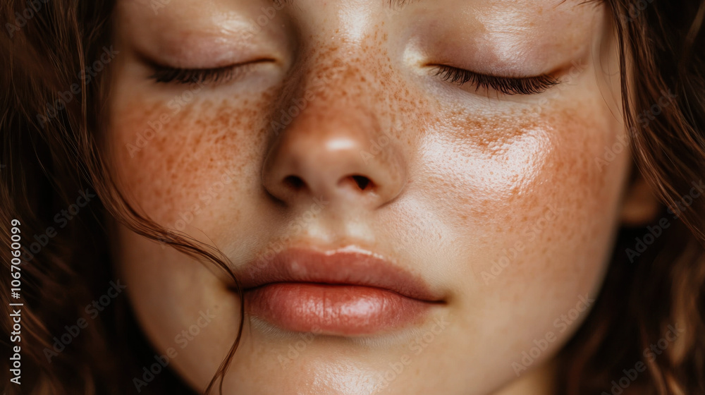 Close-up of a serene young woman with glowing skin and freckles enjoying a moment of relaxation indoors Close-up of a serene young woman with glowing skin and freckles enjoying a moment of relaxation indoors