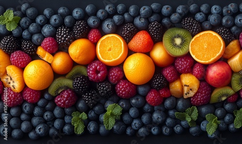 Colorful fruits and berries meticulously placed to form a double helix, symbolizing the DNA structure, representing the innovative field of nutrigenomics photo