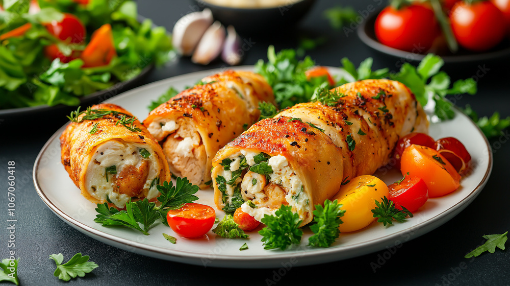 Appetizing chicken rolls stuffed with feta cheese and fresh herbs (parsley, dill, basil) on a white plate. Golden brown fried surface with notes of melted cheese and visible herbs. Appetizing chicken rolls stuffed with feta cheese and fresh herbs (parsley, dill, basil) on a white plate. Golden brown fried surface with notes of melted cheese and visible herbs.