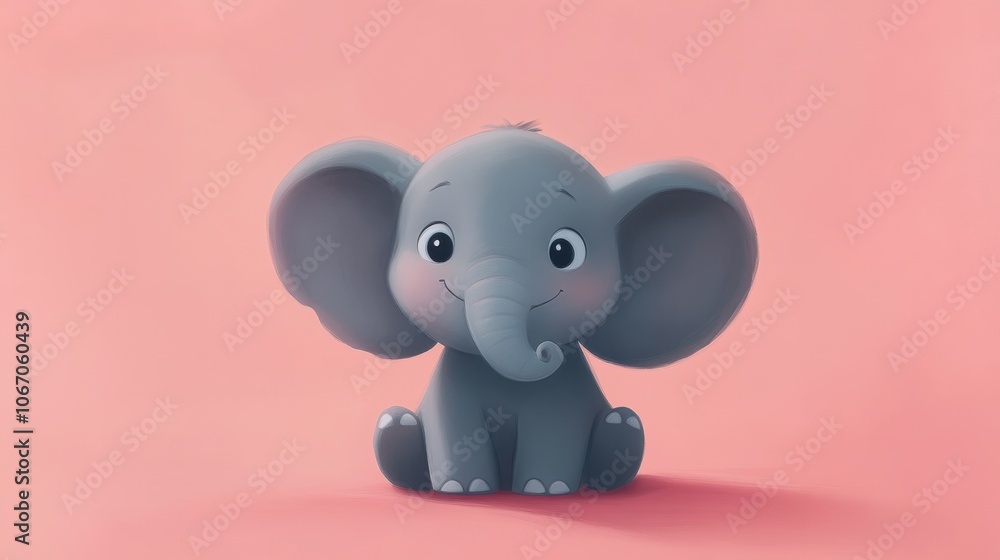 Cute Cartoon Elephant Sitting on Pink Background Cute Cartoon Elephant Sitting on Pink Background