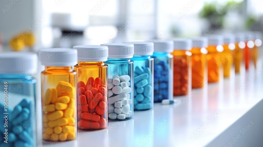Colorful pill bottles aligned on a white surface in a bright setting Colorful pill bottles aligned on a white surface in a bright setting