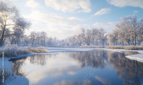 Frozen lakes, with their mirror-like ice surfaces reflecting the winter sky, capture the essence of cold and serene winter days, offering stillness and beauty