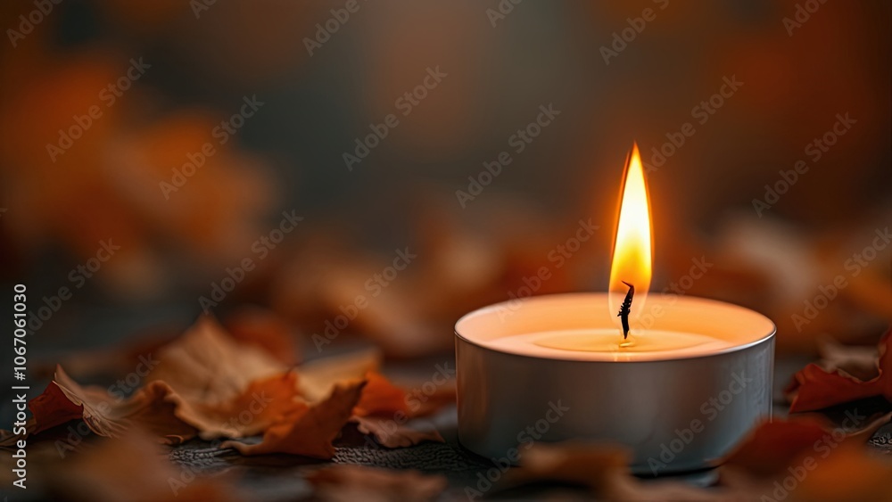 A warm candle flickers amidst autumn leaves, creating a cozy and peaceful ambiance, perfect for relaxation or reflection. A warm candle flickers amidst autumn leaves, creating a cozy and peaceful ambiance, perfect for relaxation or reflection.
