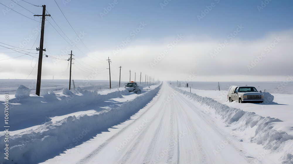 A rural road completely blocked by towering snowdrifts, leaving vehicles stranded. Telephone poles line the road, partially buried, and the surrounding landscape is stark and desolate A rural road completely blocked by towering snowdrifts, leaving vehicles stranded. Telephone poles line the road, partially buried, and the surrounding landscape is stark and desolate