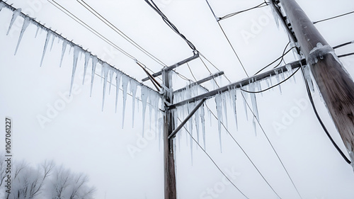 A power line coated in thick ice after a winter storm, with icicles hanging off the wires. The weight of the ice causes the line to drop dangerously, threatening blackouts for the nearby homes photo