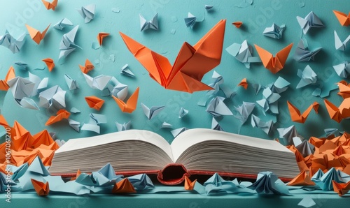 Knowledge concept featuring an open book with an origami bird taking flight, surrounded by abstract paper birds. A library setting enriches the scene, inspiring discovery and learning photo