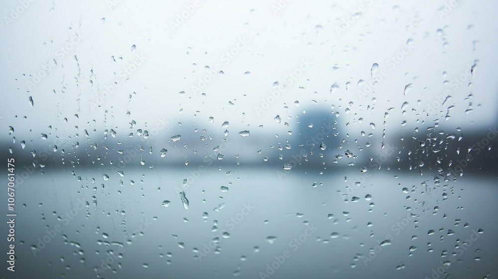 Raindrops on window creating calming pattern, gray sky visible outside. Raindrops on window creating calming pattern, gray sky visible outside.