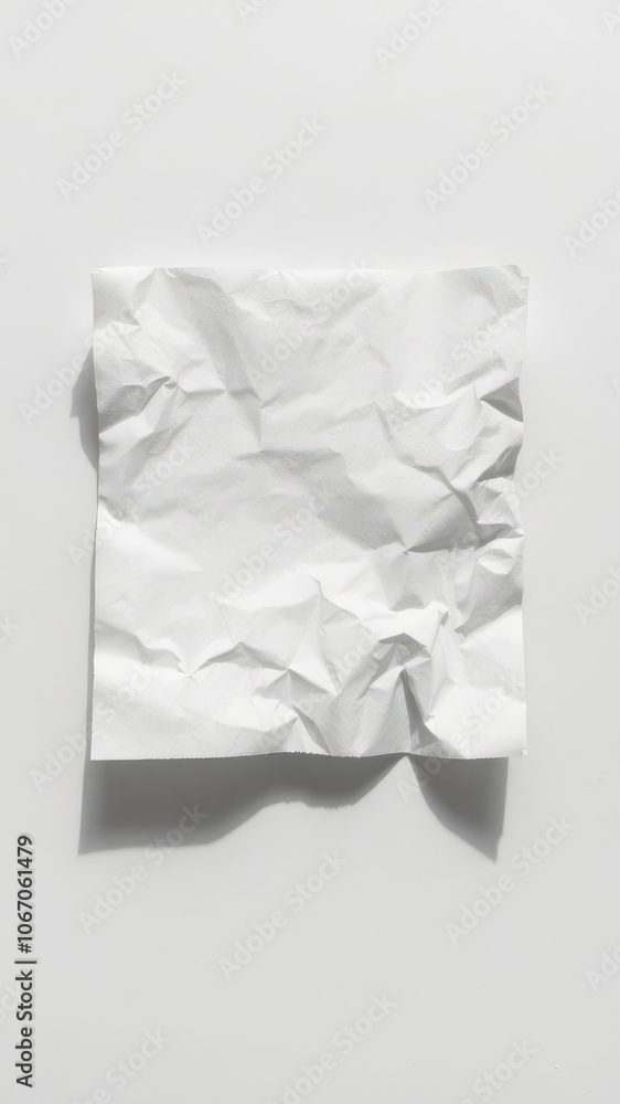 Crumpled white paper with sharp creases and shadow on a flat surface, empty Crumpled white paper with sharp creases and shadow on a flat surface, empty