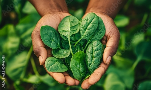 Hands holding fresh green spinach in a vibrant field