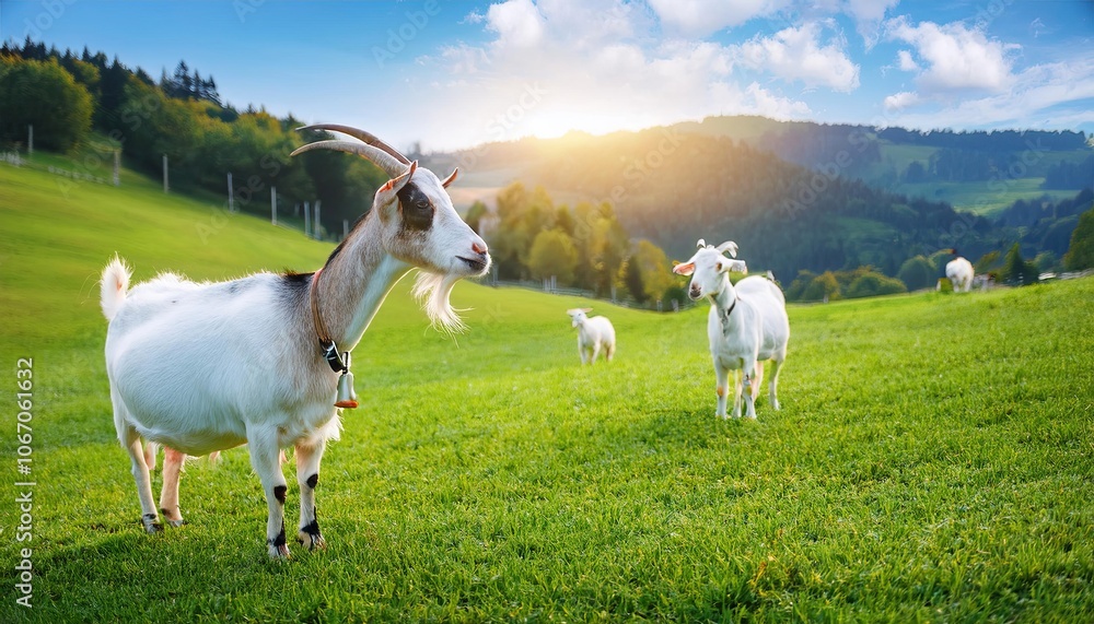 nature farm of goats, grass field background, Fresh and Relax concept. For montage product display or design key visual layout. View of copy space nature farm of goats, grass field background, Fresh and Relax concept. For montage product display or design key visual layout. View of copy space