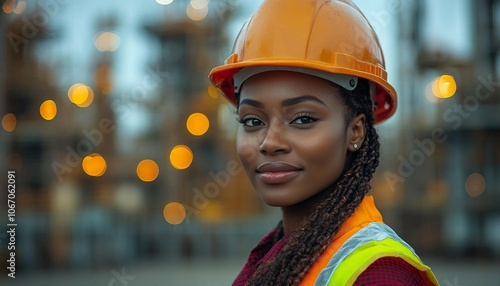 A black woman in a hard hat and safety vest working on a refinery site. African American women,  African American woman, 