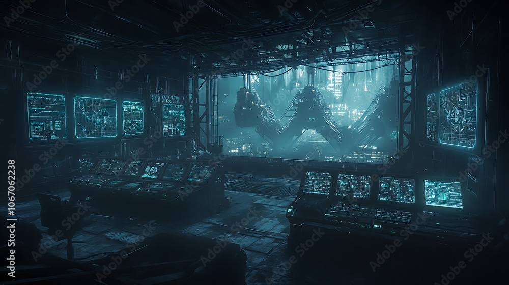 custom made wallpaper toronto digitalA dimly lit, futuristic control room filled with glowing screens and abstract technology, evoking a sense of mystery and advanced innovation.