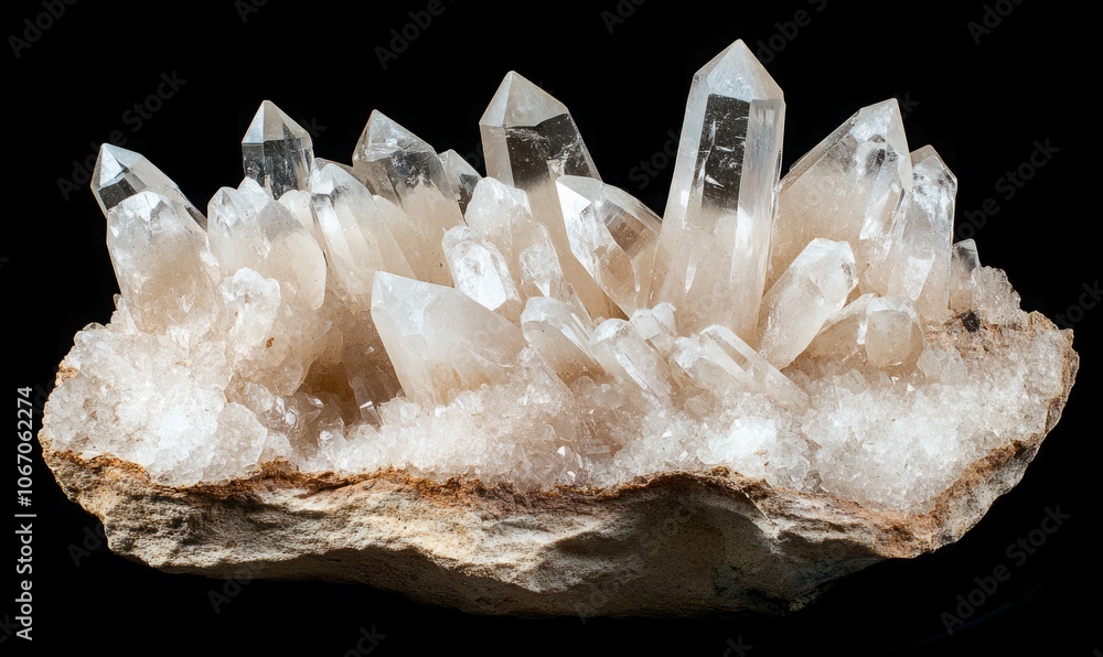Gorgeous cluster of sparkling quartz crystals in natural light, gemstone mineral formation