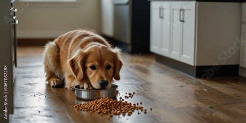 Cute golden retriever untidily eating dog food from a metal bowl in the kitchen. AI generated. photo